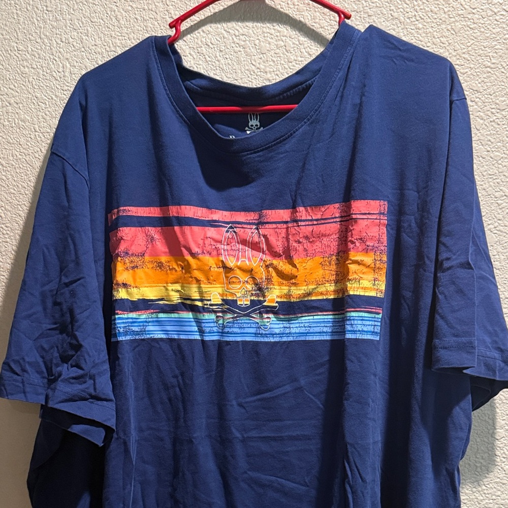 Psycho Bunny 4XLT Distressed Stripe Graphic Tee – Navy Multicolor Logo